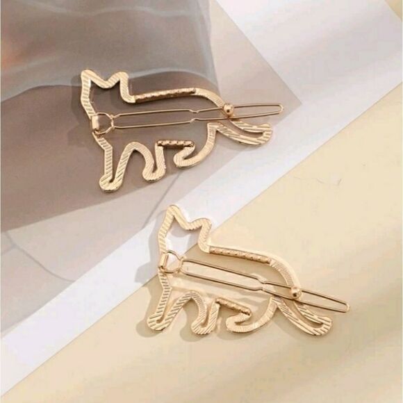 Cat Shaped Metal Hair Clips Goldtone Accessory - Picture 5 of 7